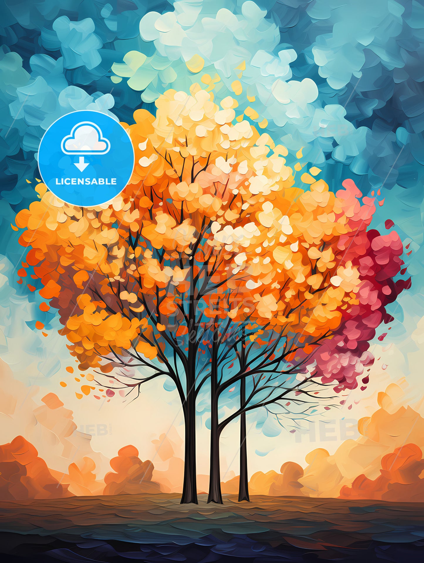 Background of 5 trees and blue sky