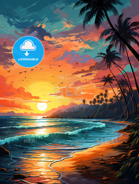 Beach paradise sunset with tropical palm trees