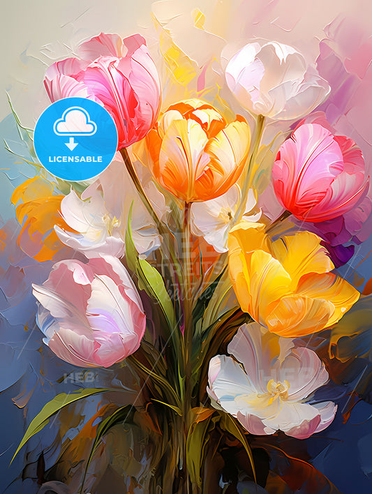Colorful fresh spring tulips flowers with dew drops