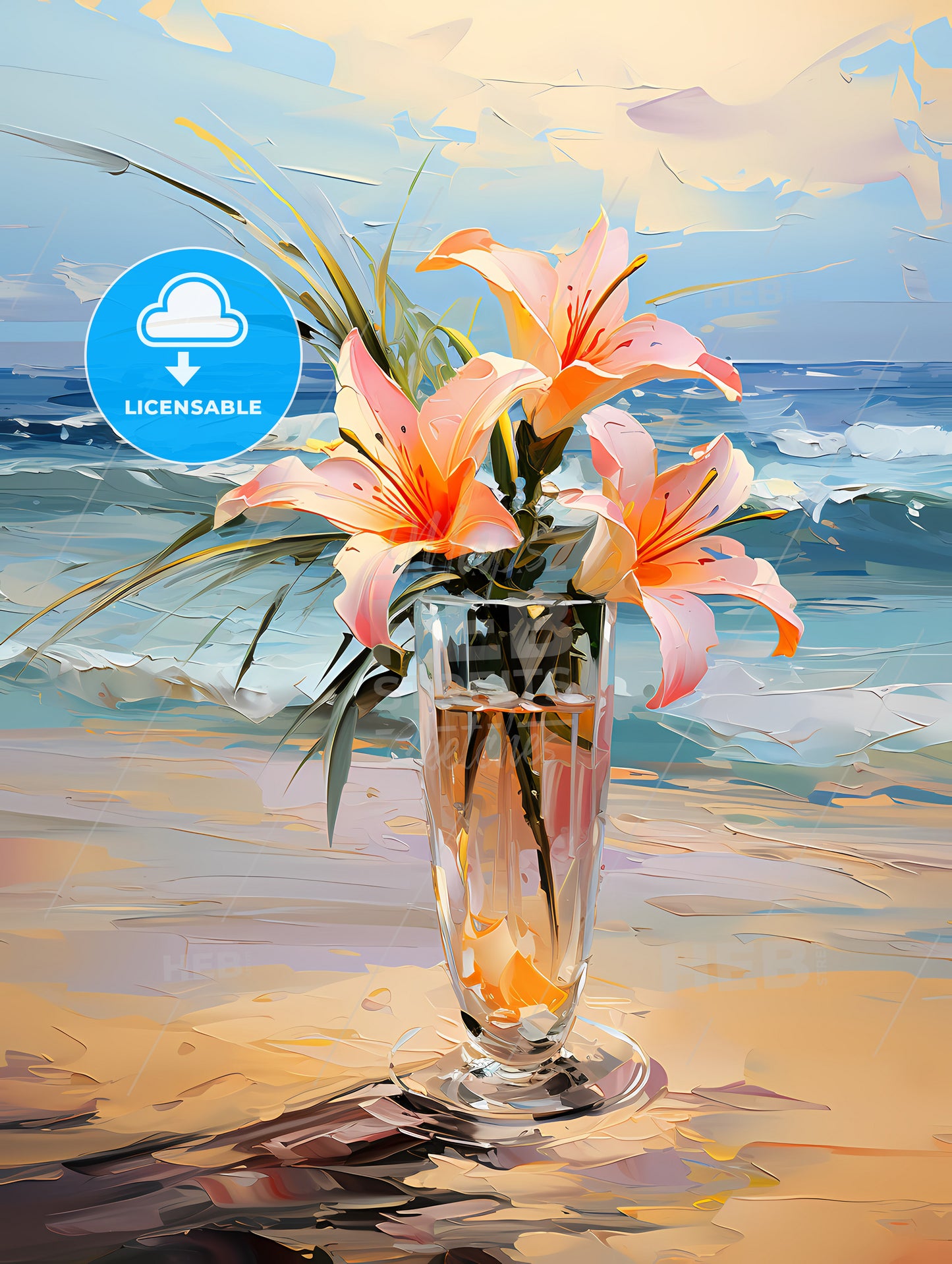 Glass of Cocktail with lily flower at the Beach