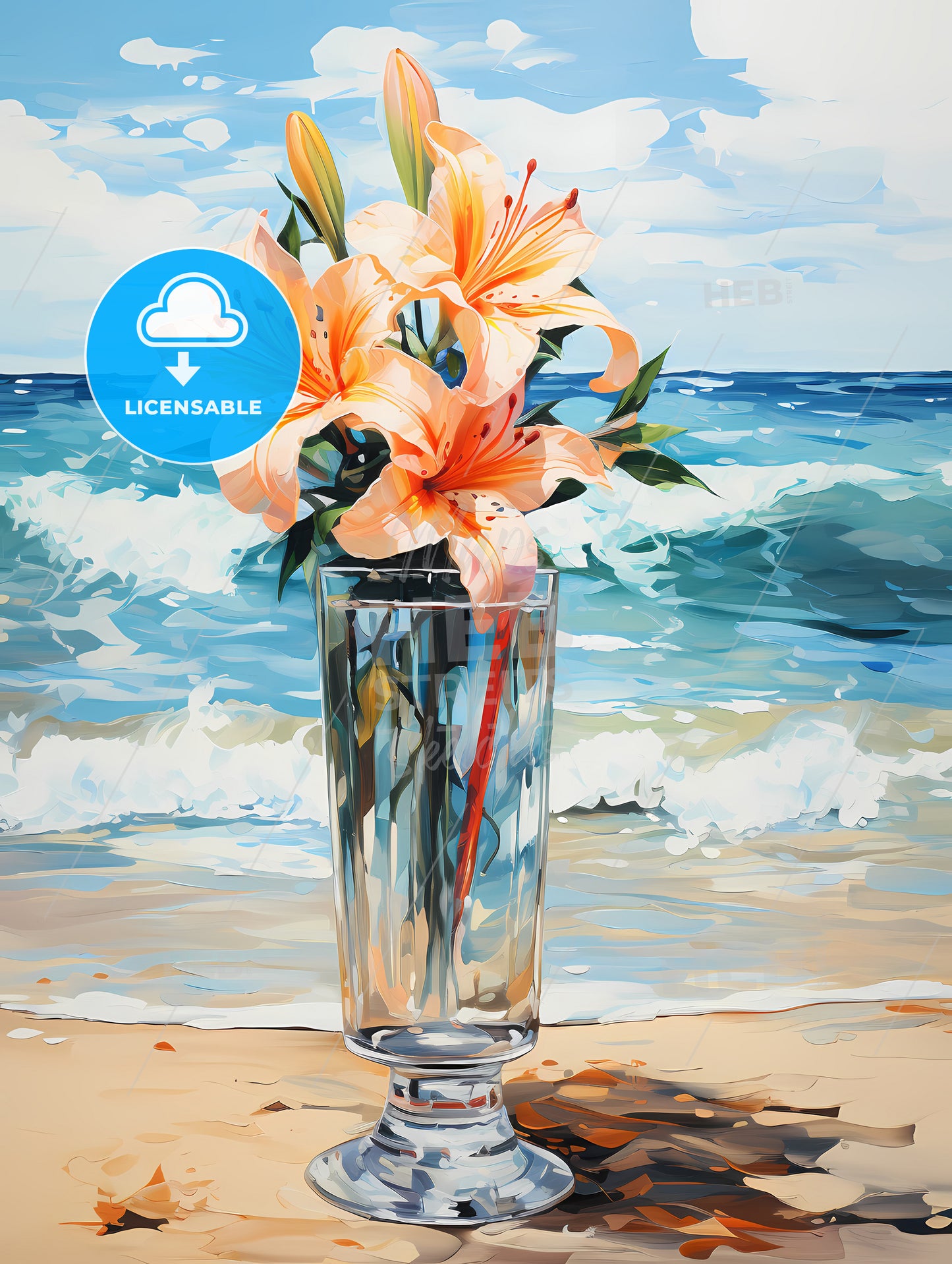 Glass of Cocktail with lily flower at the Beach