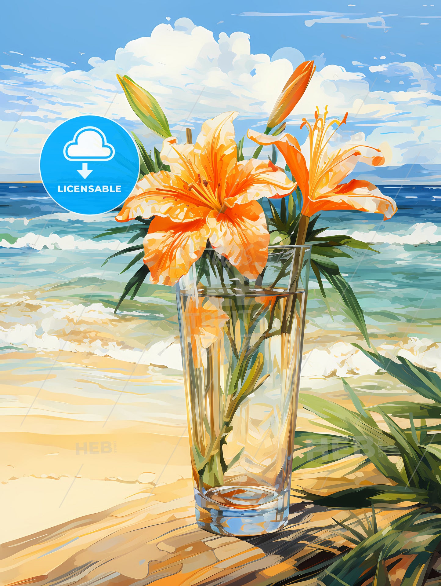 Glass of Cocktail with lily flower at the Beach