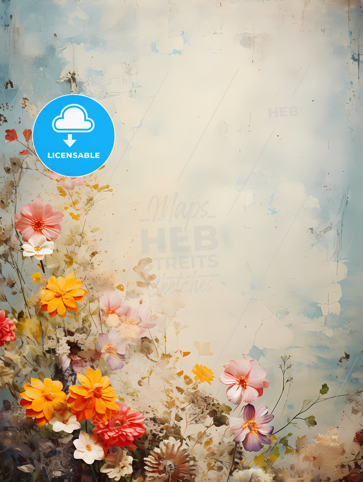 Grunge style colorful flowers border background