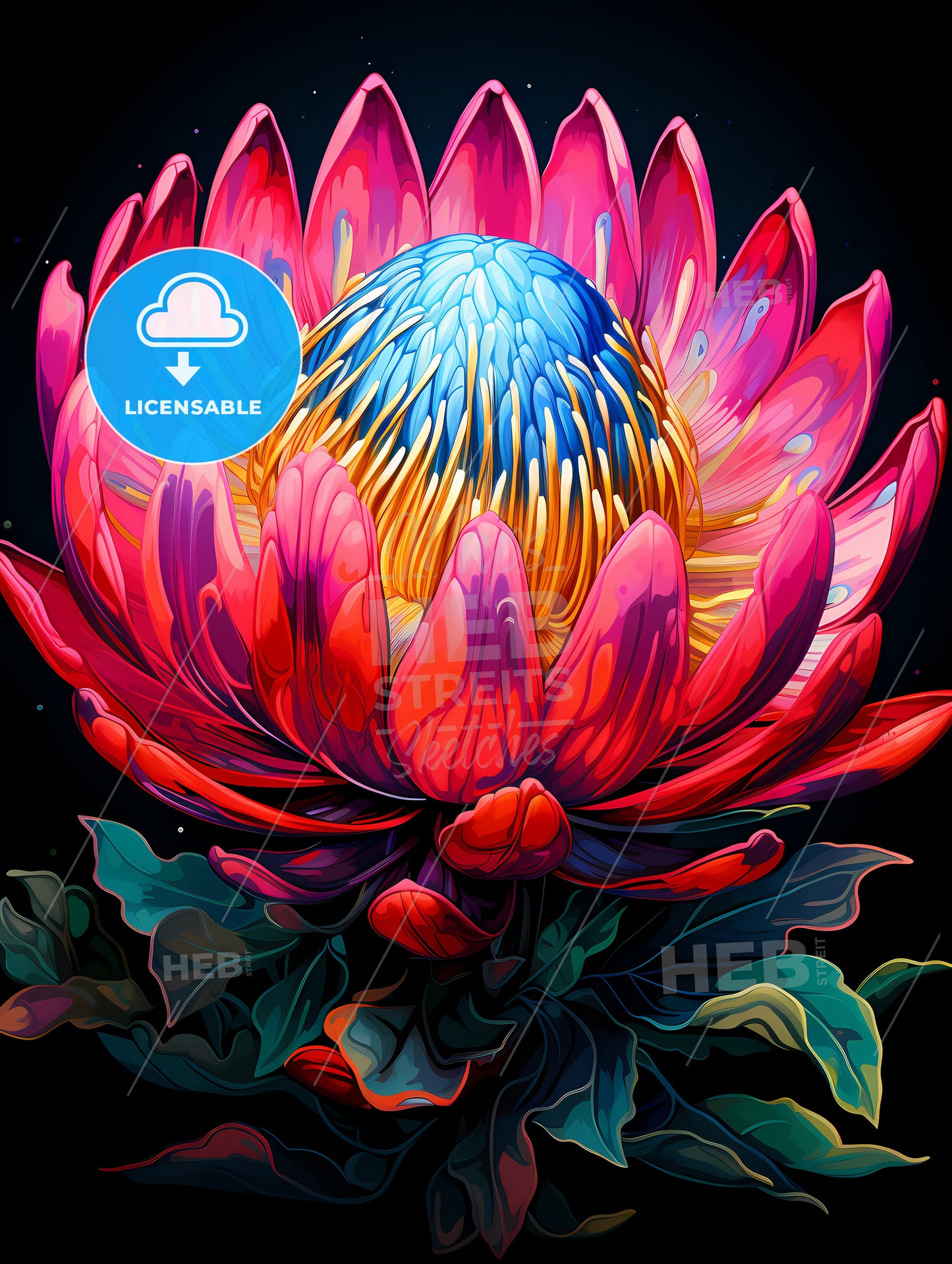 King Protea Isolated on Black Background Centre