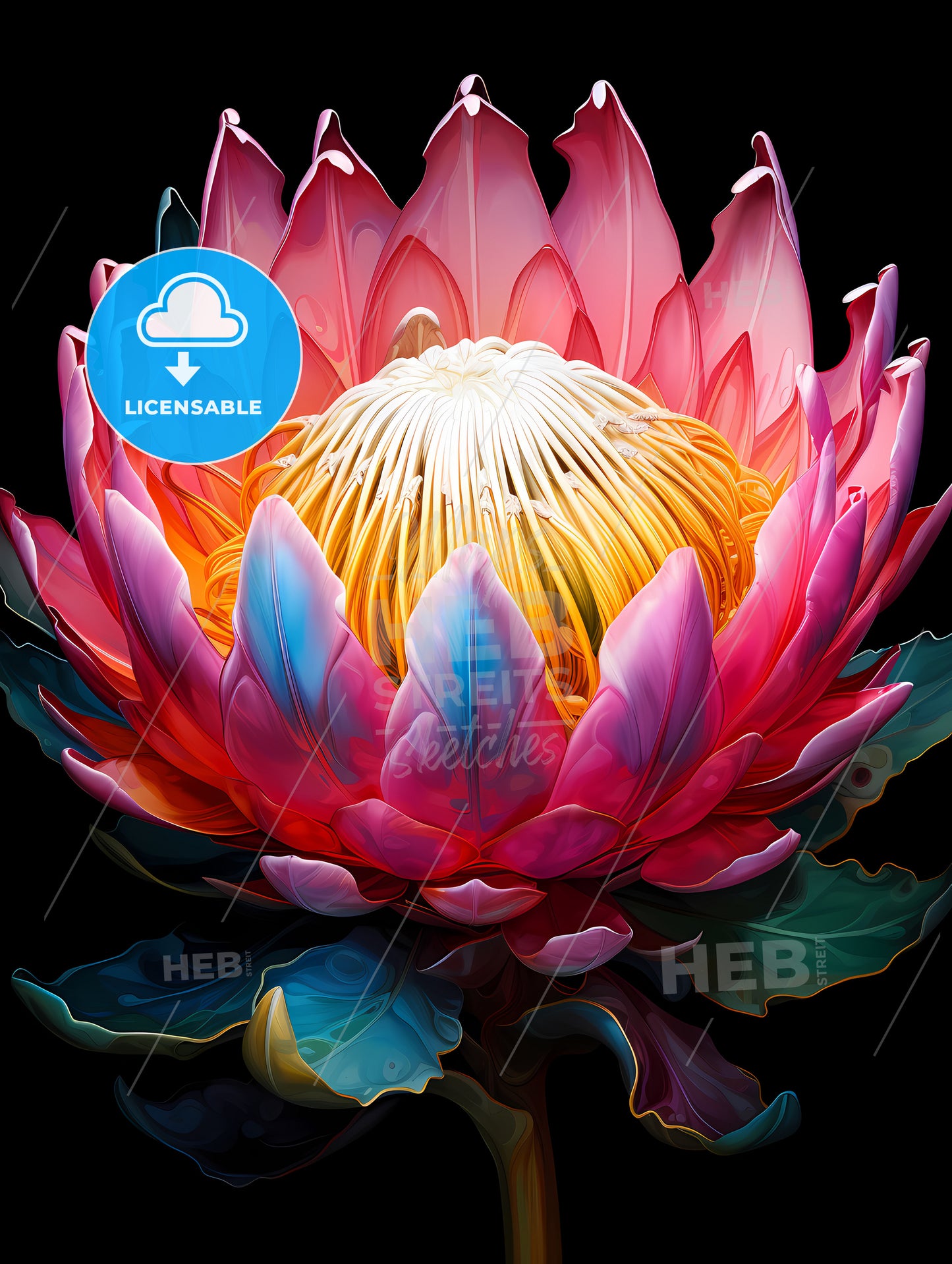 King Protea Isolated on Black Background Centre