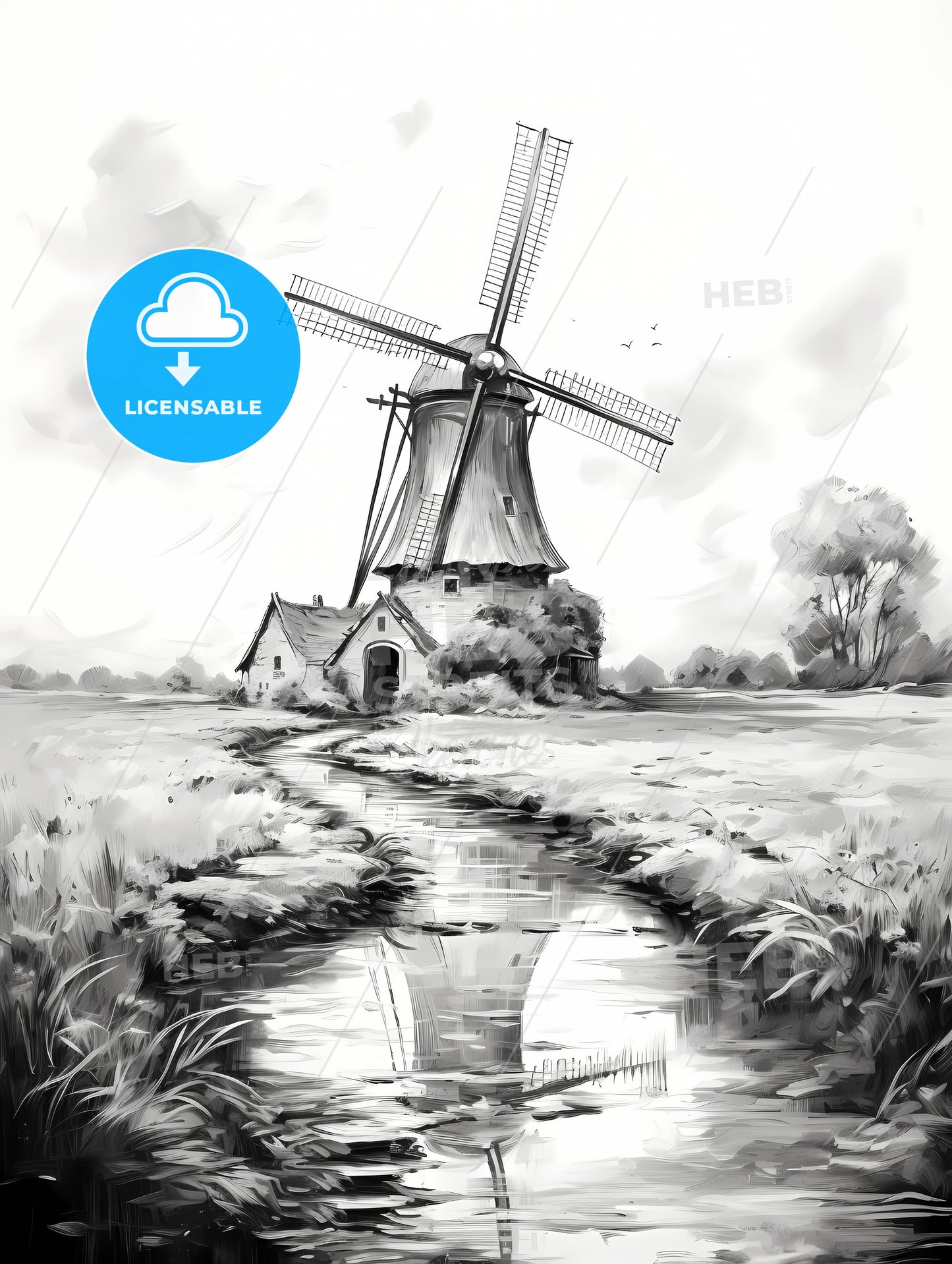 Landscape with windmill black and white