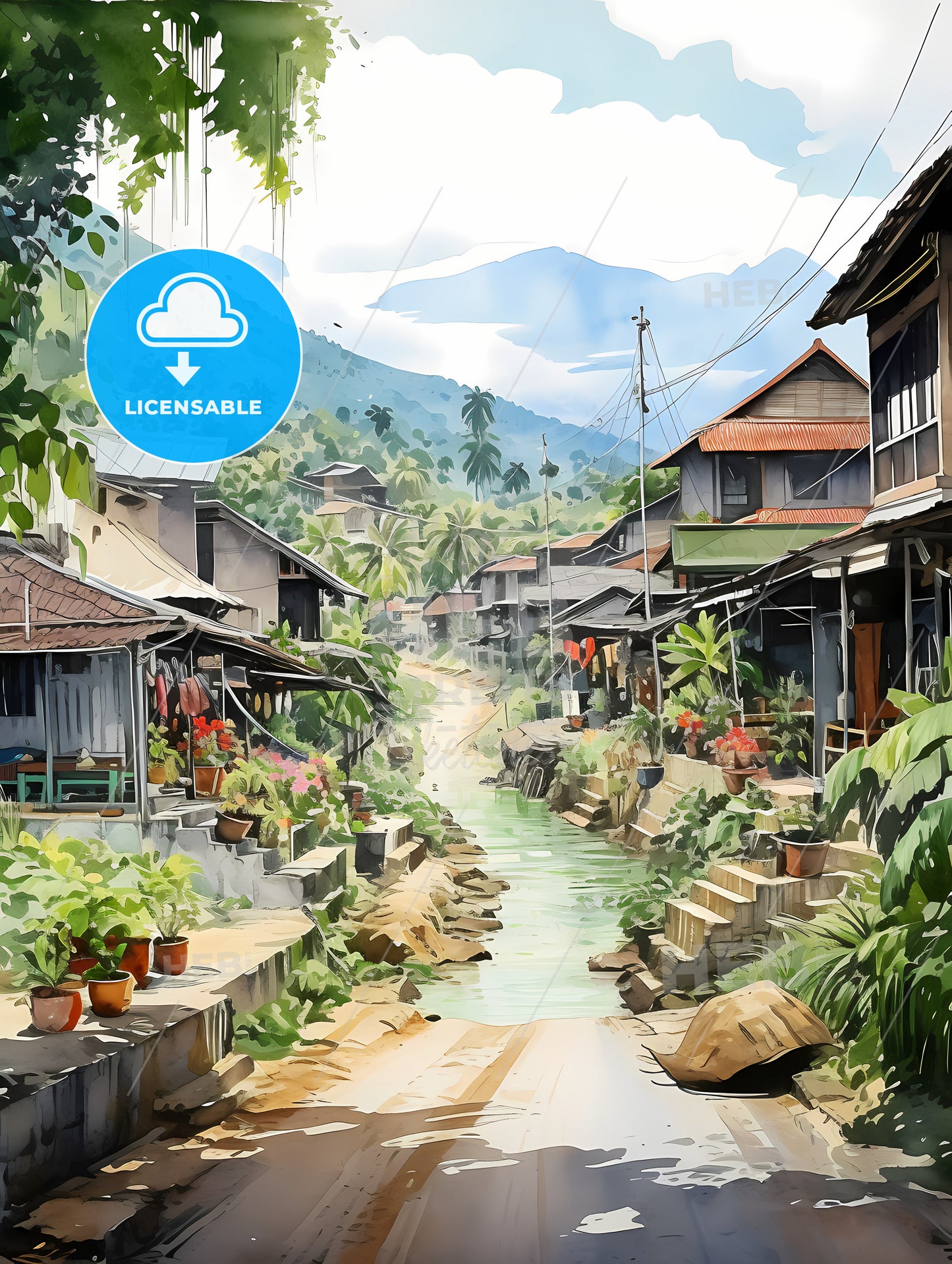 Malaysia village in watercolor painting