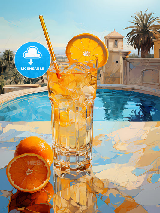 Orange cocktail stands on edge of pool