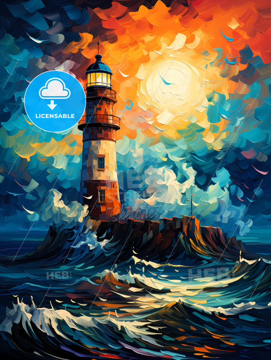 Painting of lighthouse amount the sea
