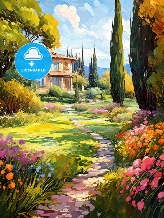 Peaceful Garden with a Freshly Mown Grass Lawn