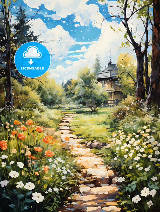 Peaceful Garden with a Freshly Mown Grass Lawn