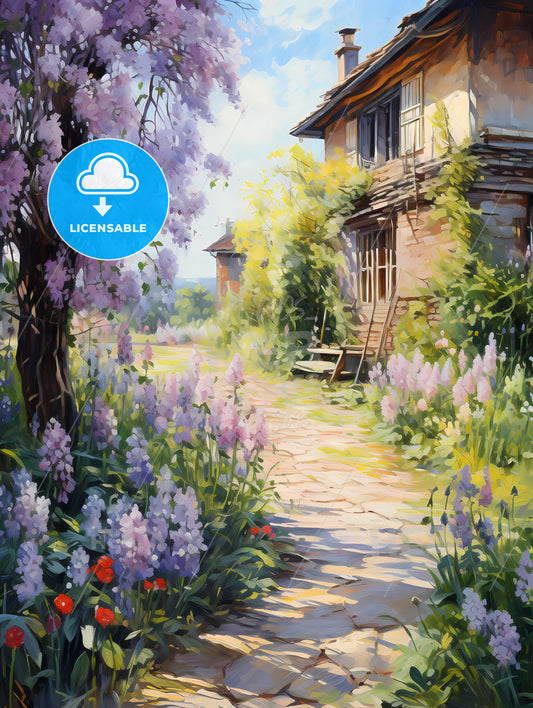 Peaceful Garden with a Freshly Mown Grass Lawn