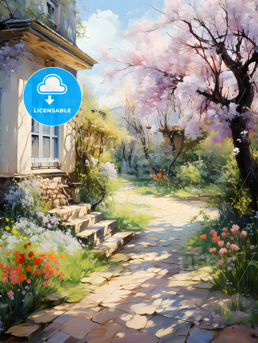 Peaceful Garden with a Freshly Mown Grass Lawn