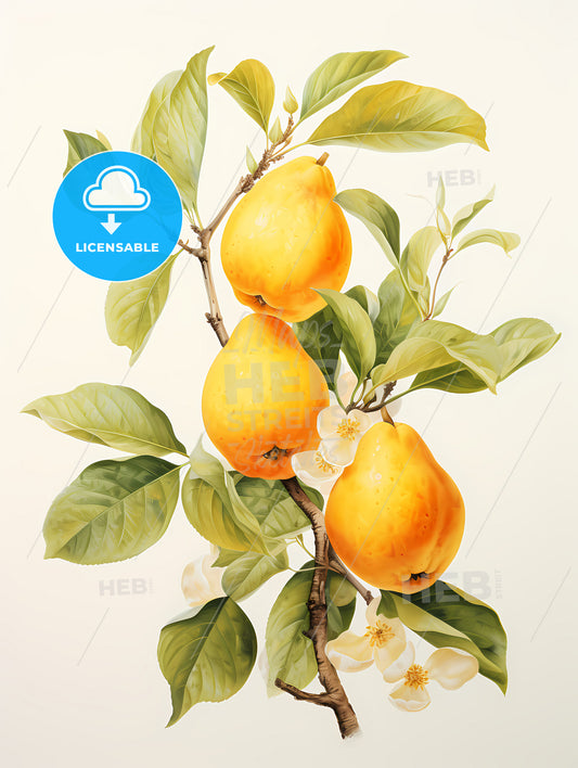 Quince fruit with leaf on white