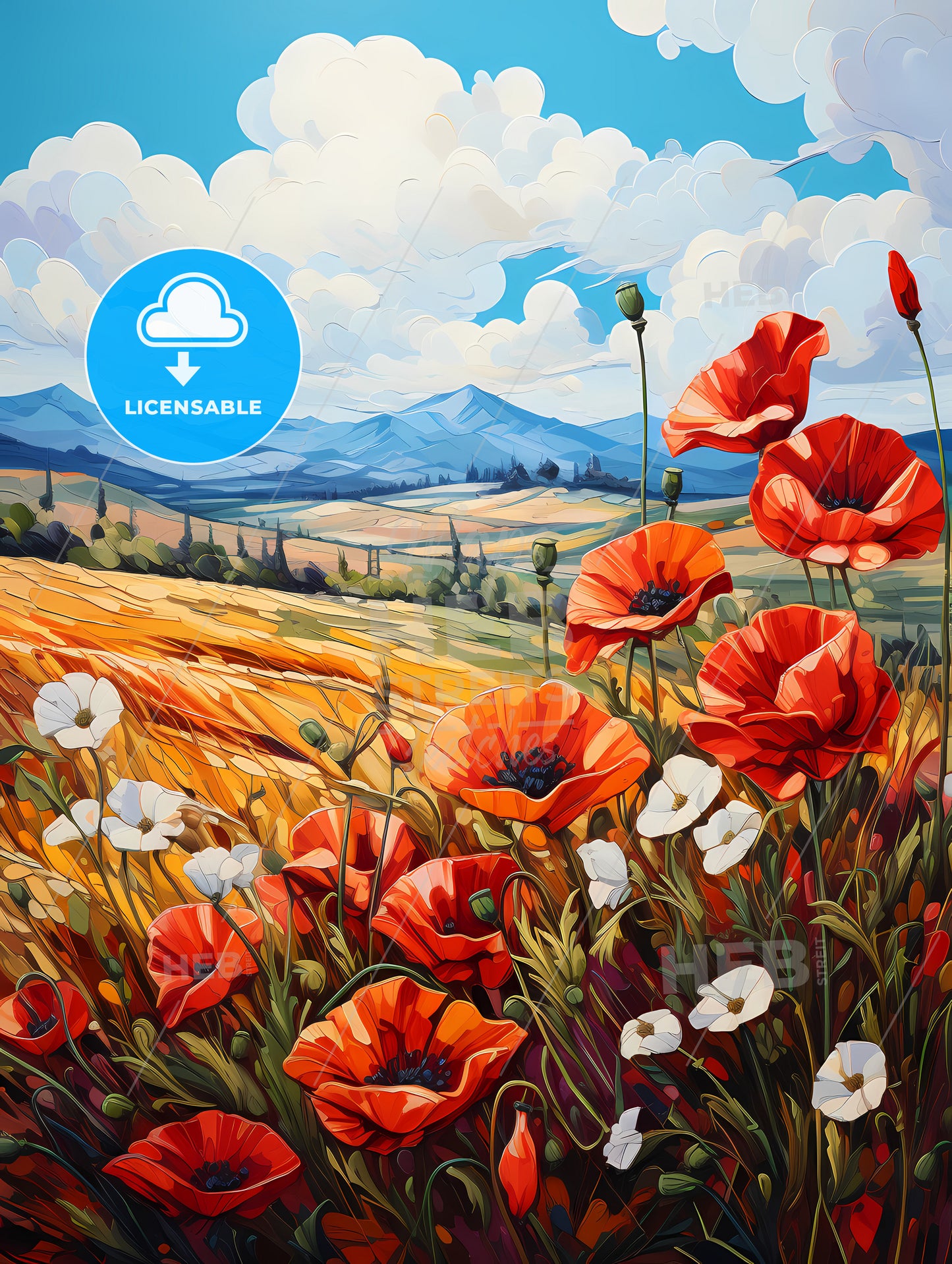 Red poppies in front of landscape view