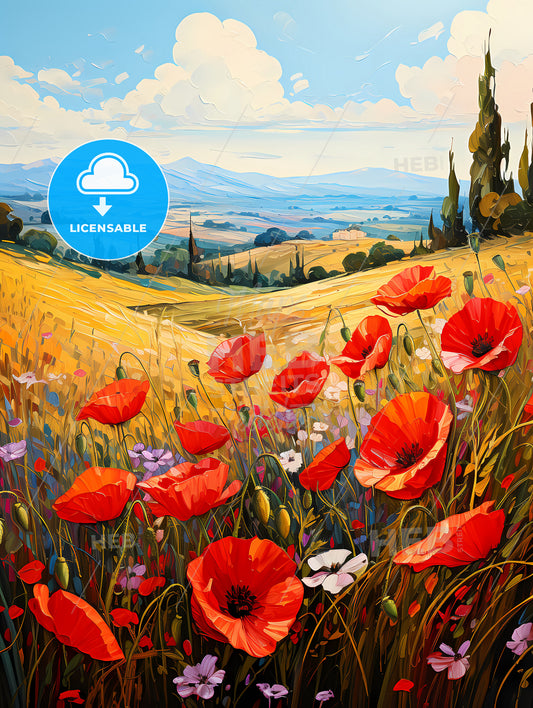 Red poppies in front of landscape view