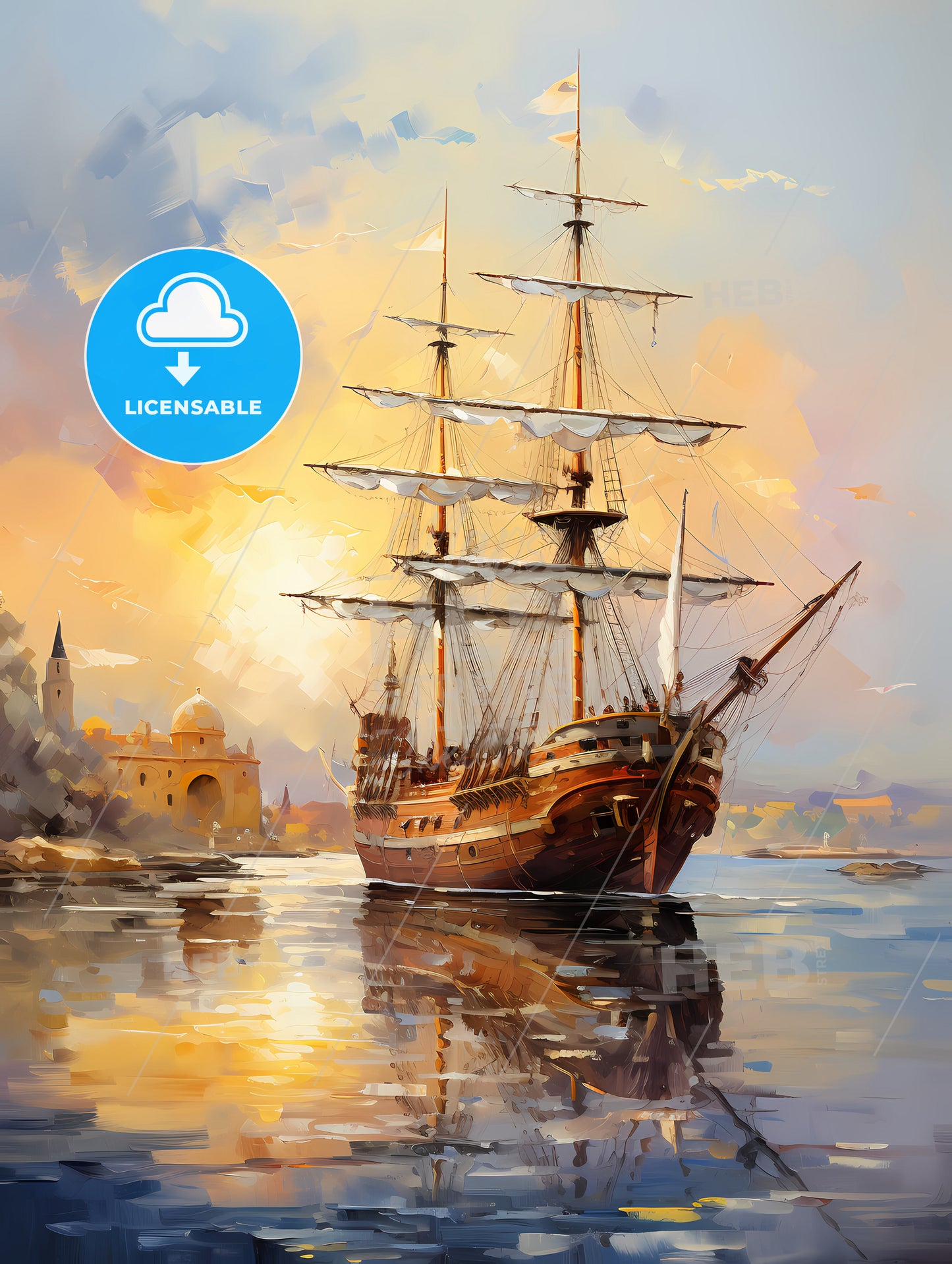 Replica ot vessel Santa Maria is passing the port