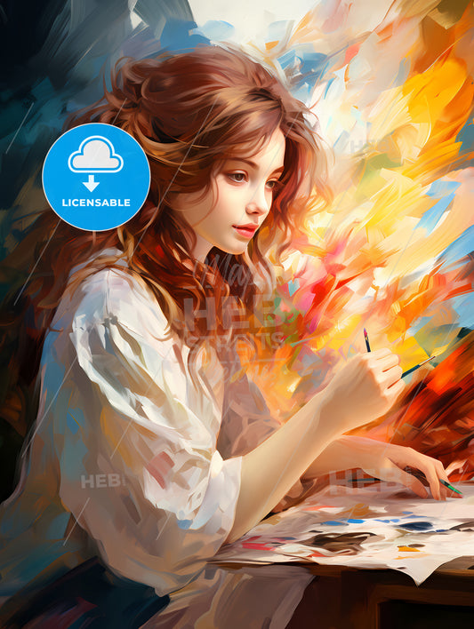 The beautiful girl drawing a picture