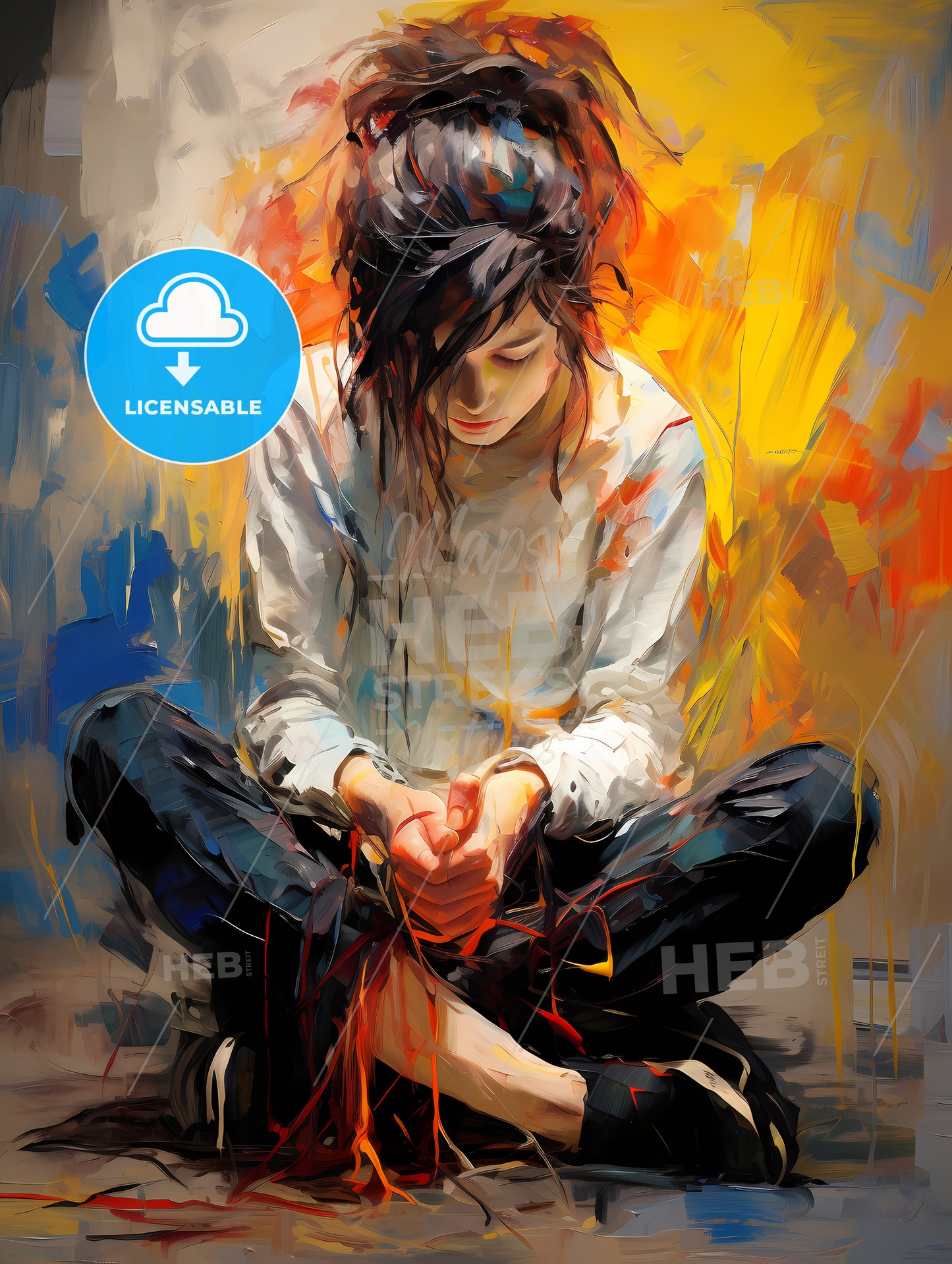 The girl sitting on a floor. Abstract Art