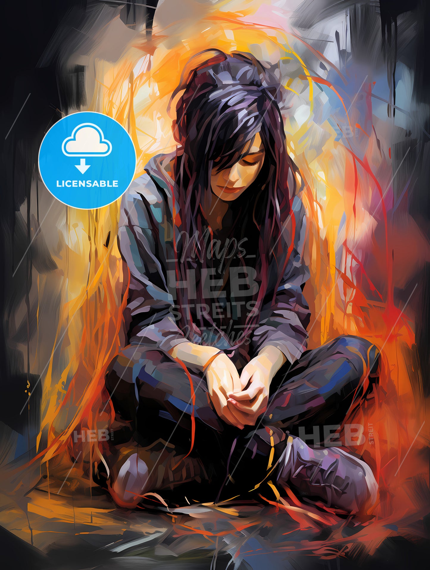 The girl sitting on a floor. Abstract Art