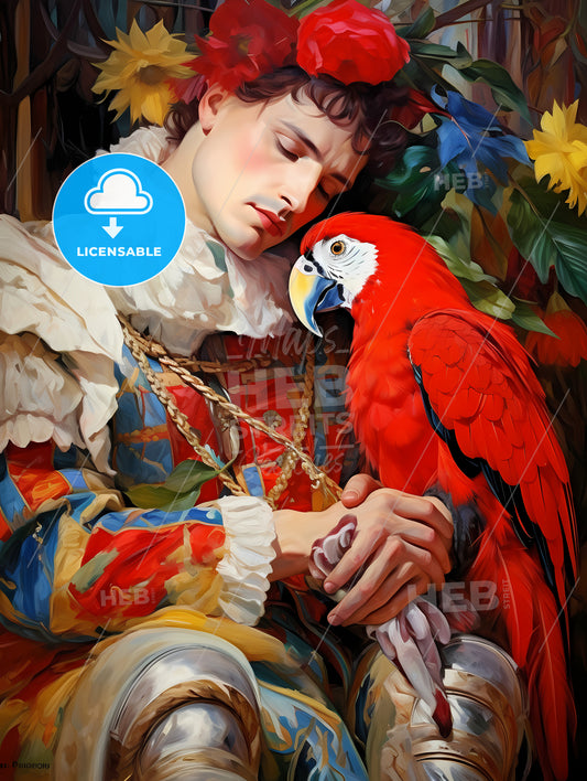 The harlequin and a white parrot