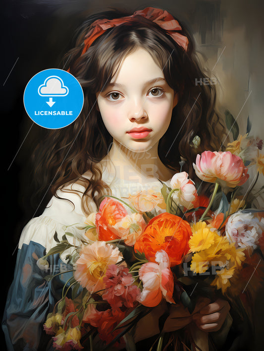 The young girl with a bouquet of flowers