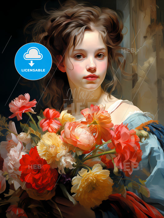 The young girl with a bouquet of flowers