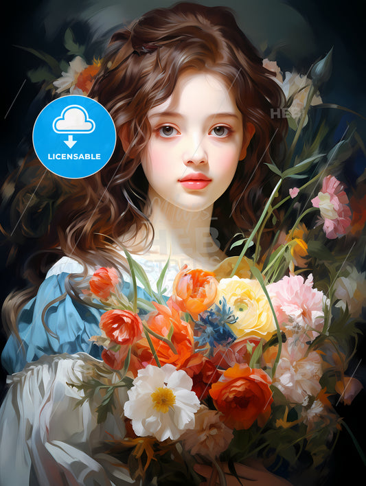 The young girl with a bouquet of flowers