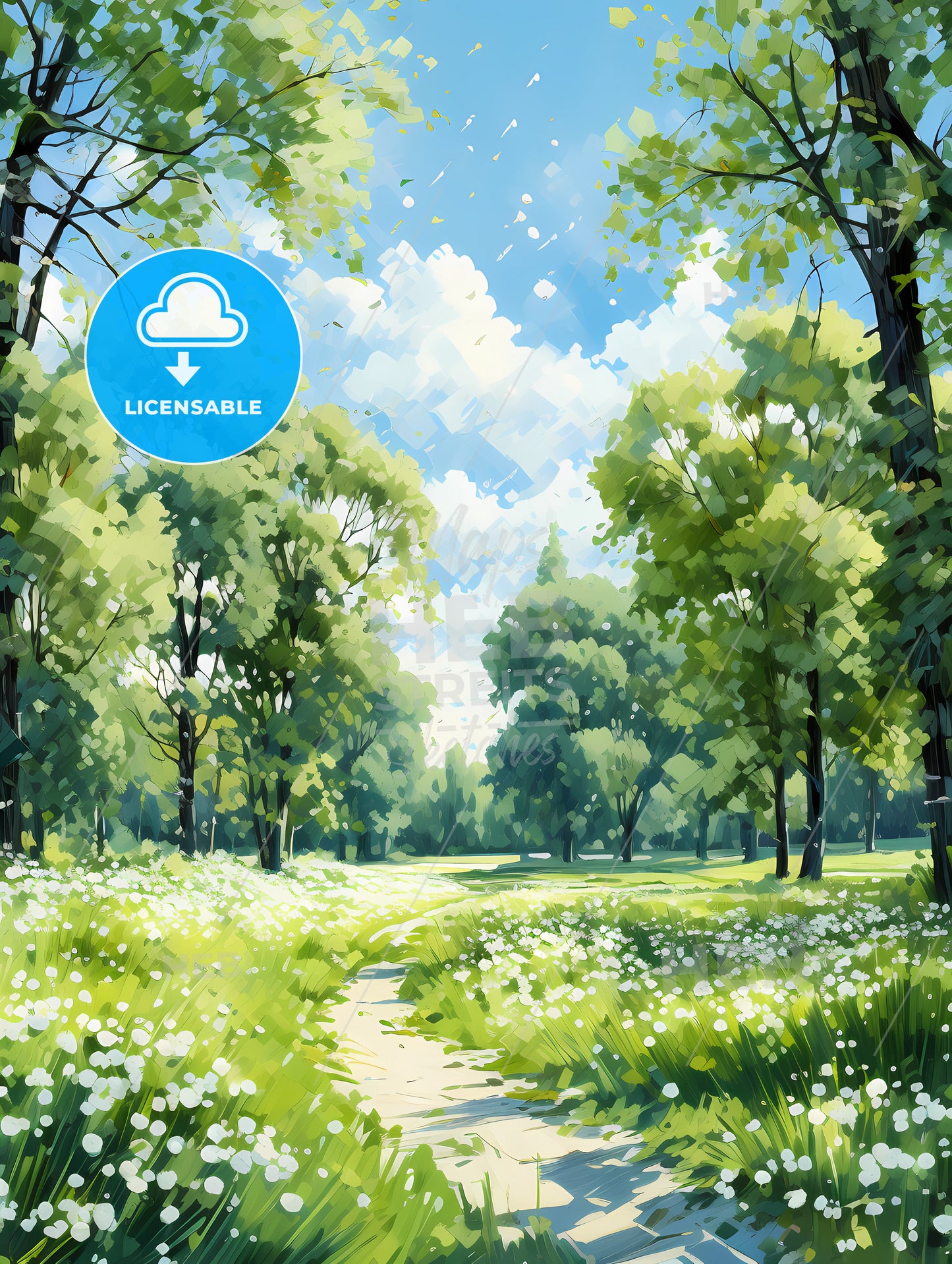 Trees and lawn on a bright summer day