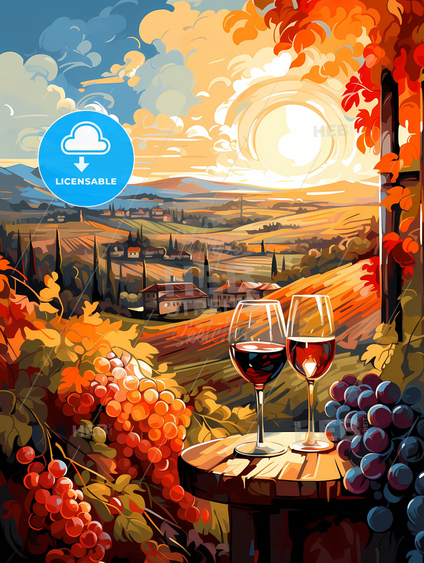 Vineyard with red and white wine