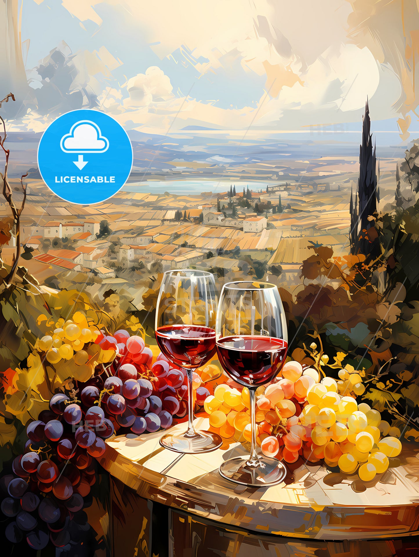 Vineyard with red and white wine