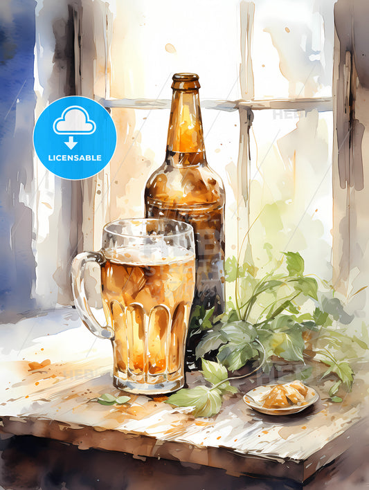 Watercolor beer glass and bottle