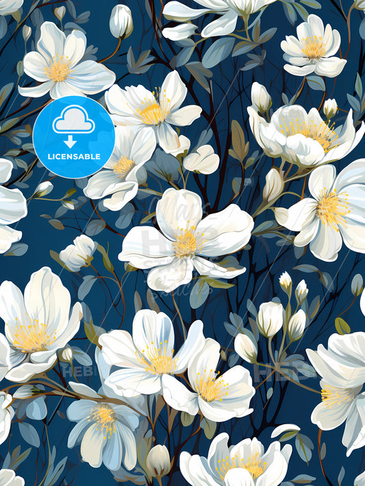 White flowers on blue background