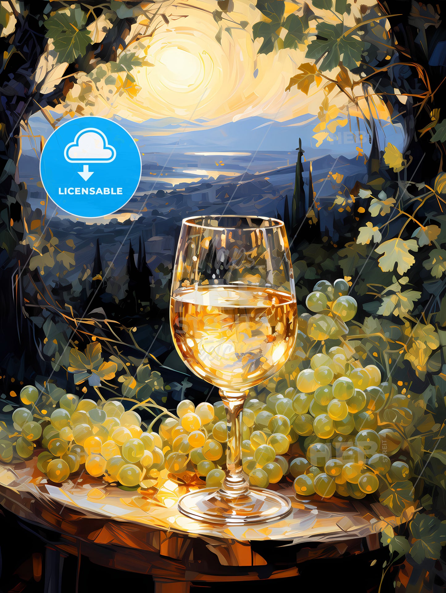 White wine on background of evening vineyard
