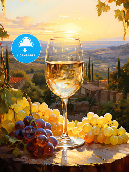 White wine on background of evening vineyard