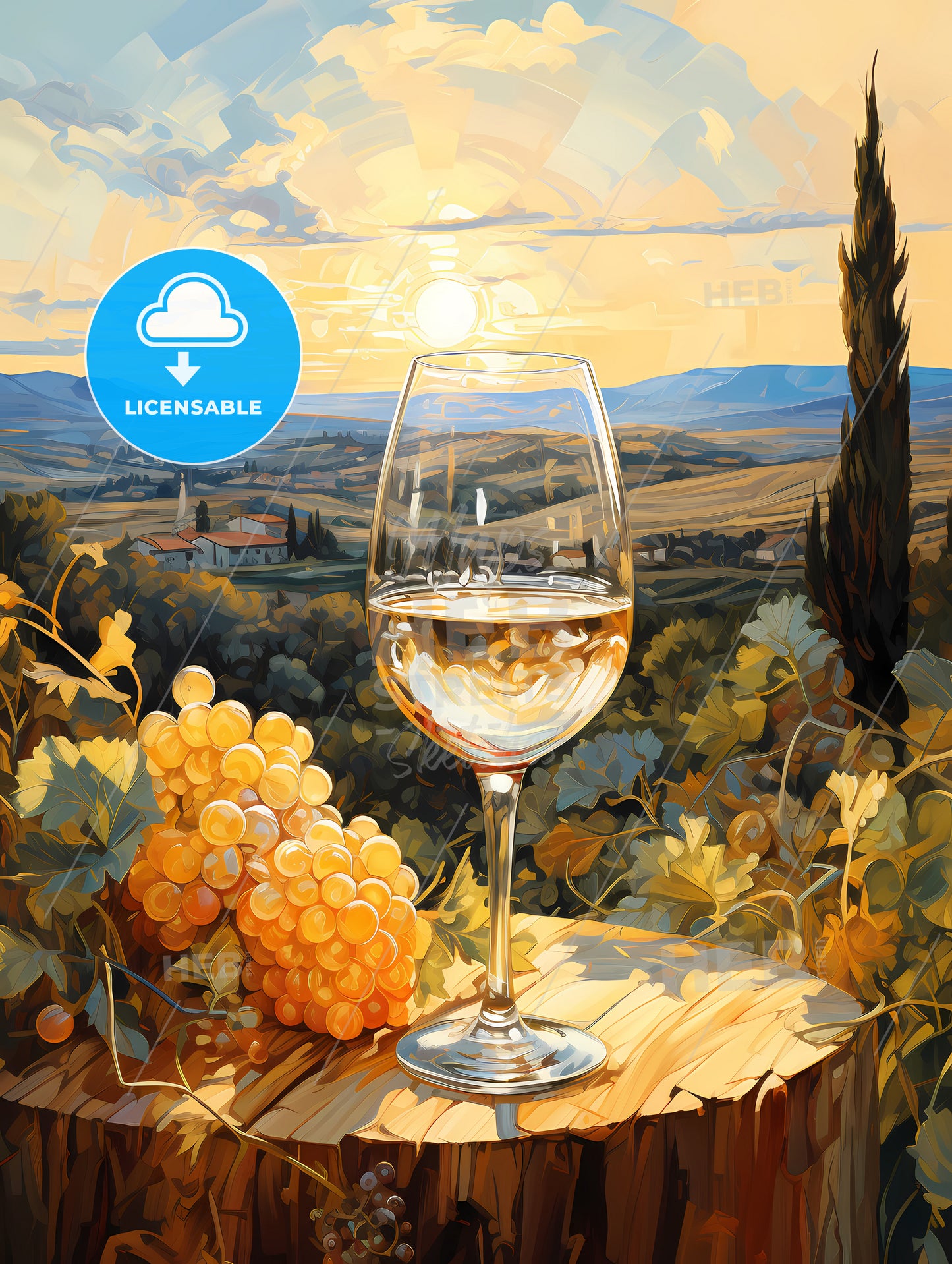 White wine on background of evening vineyard