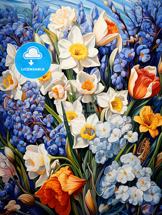 Beautiful field of spring flowers with narcissus