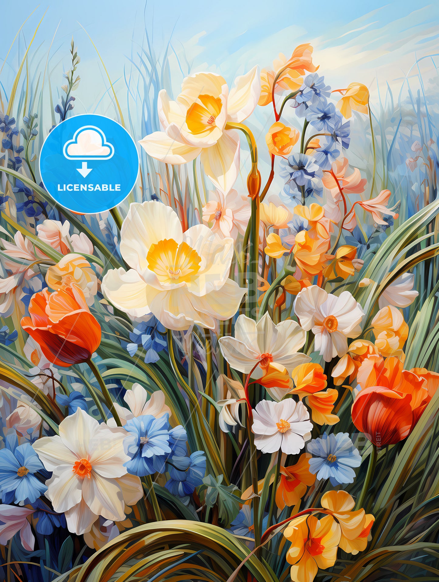 Beautiful field of spring flowers with narcissus