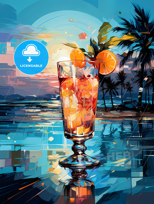 Colorful cocktail in front of attractive blue pool