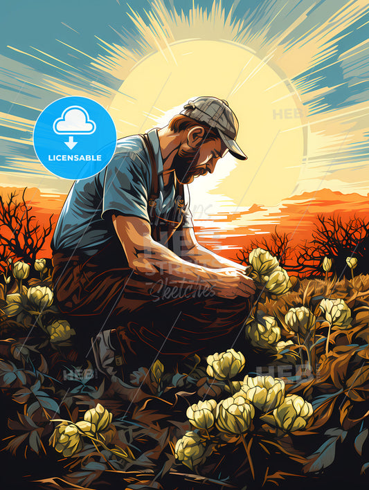 Farmer sowing seeds with sunburst done in retro