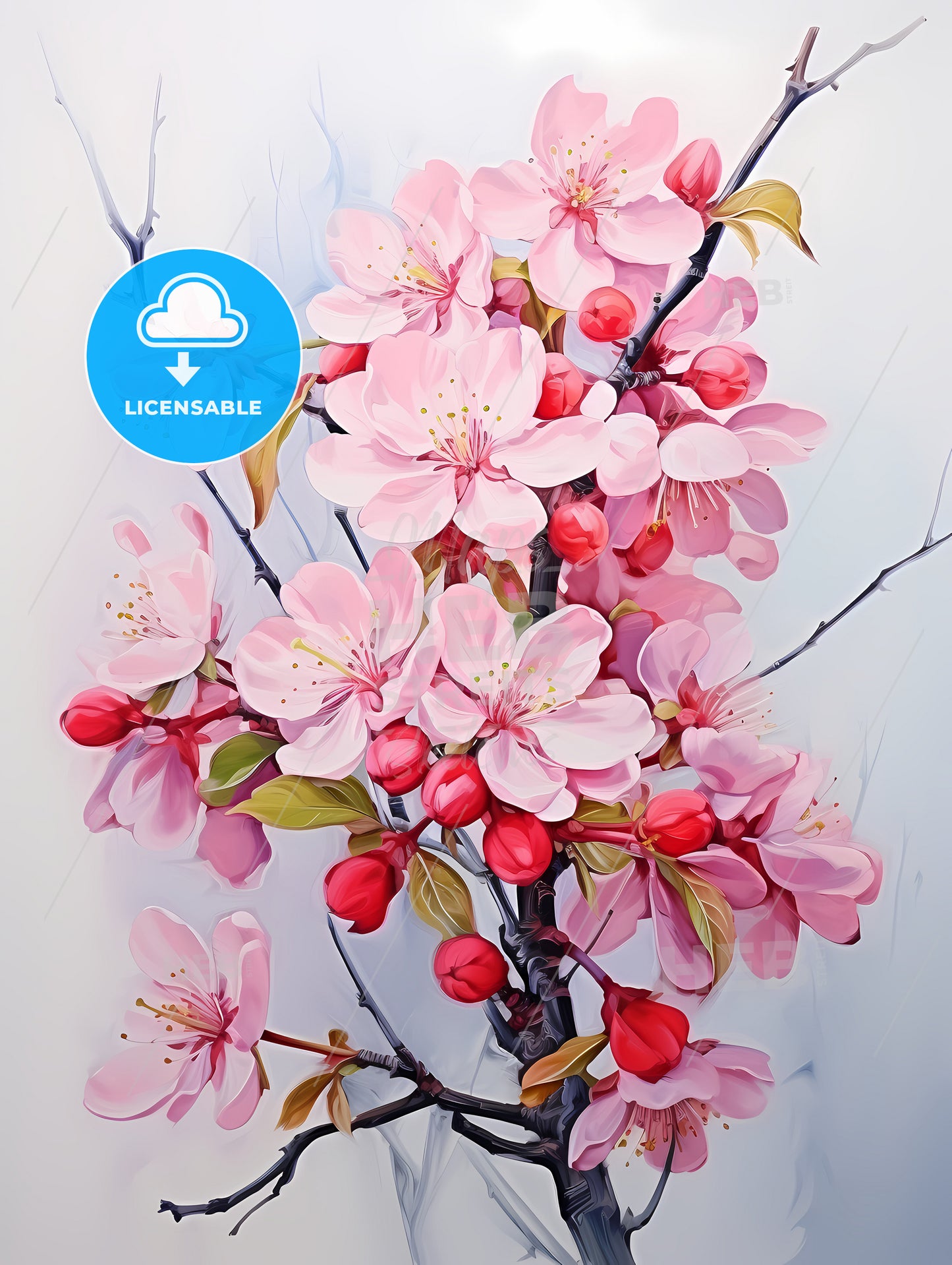 Fresh pink soft spring apple tree blossoms on white