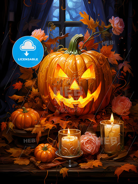 Halloween pumpkin lantern with autumn leaves