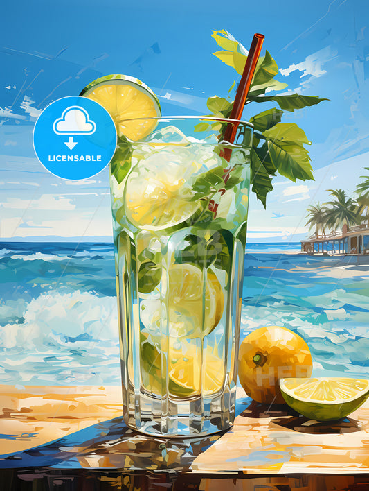 Mojito cocktail on beach sand and tropical seascape