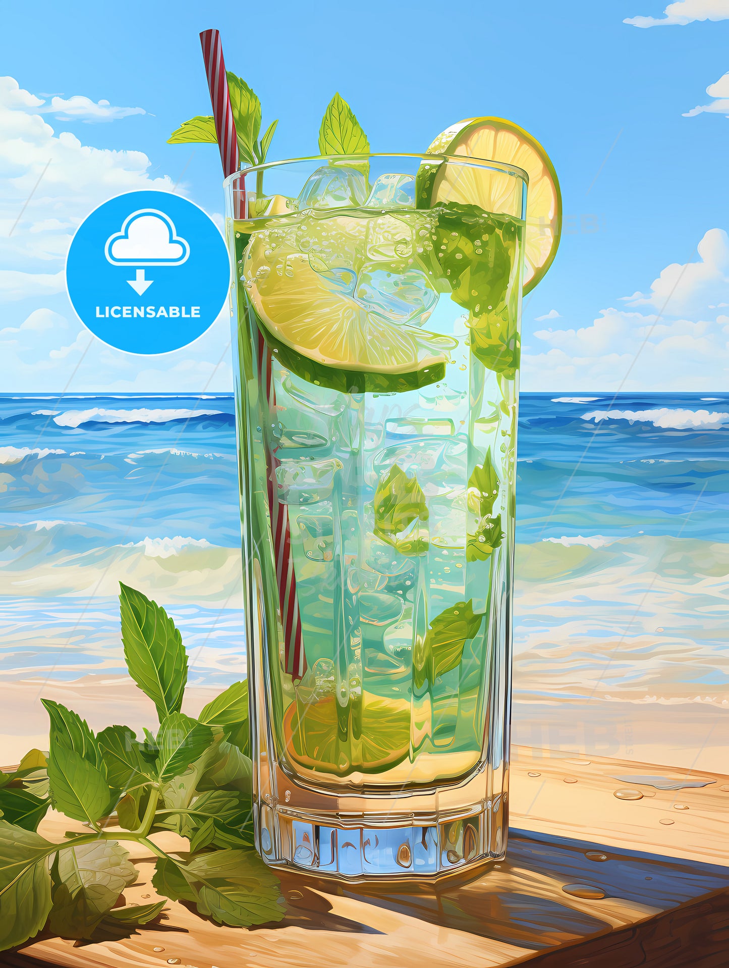 Mojito cocktail on beach sand and tropical seascape