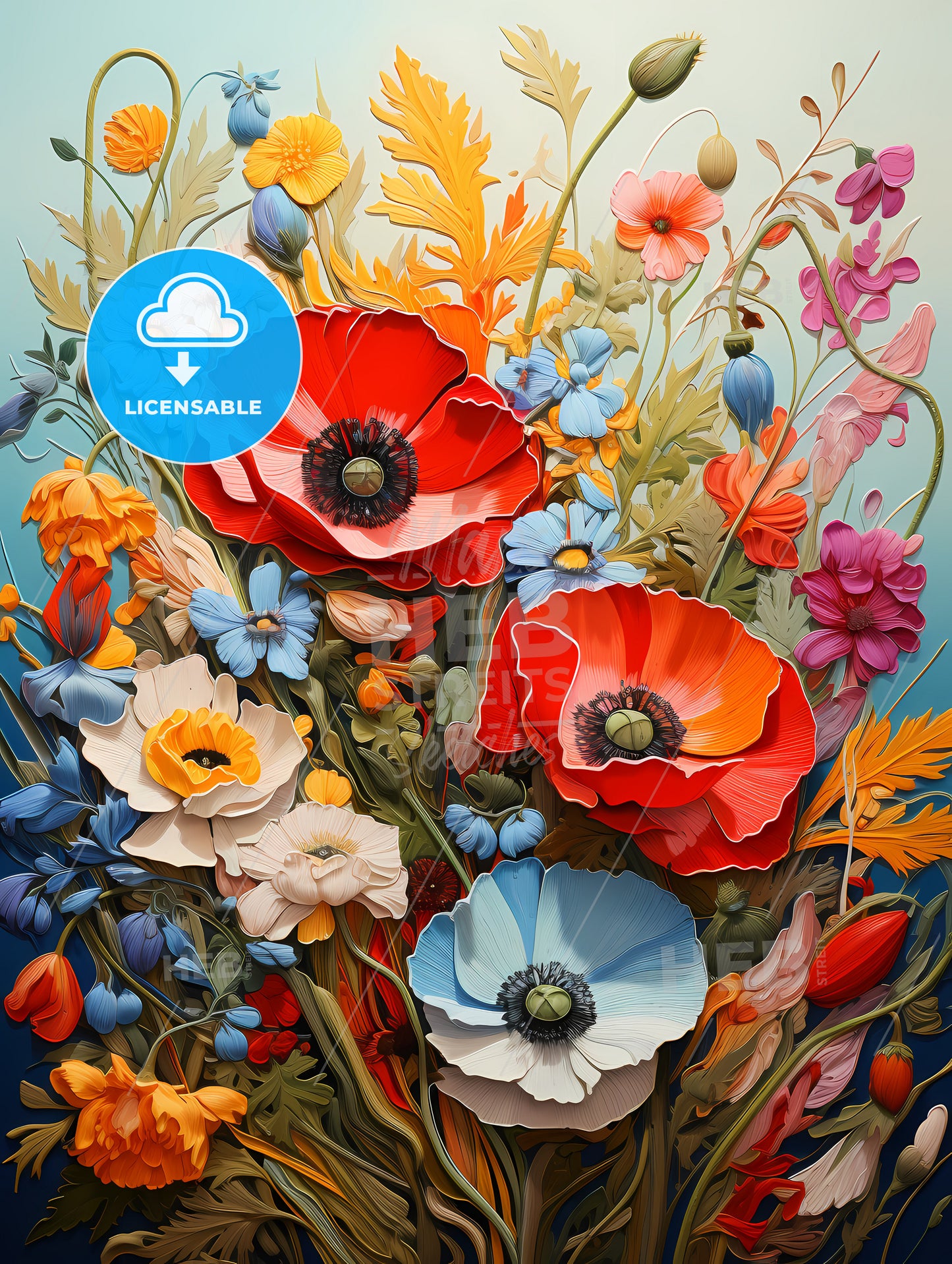 Oil painting poppy dandelion daisy flowers in fields