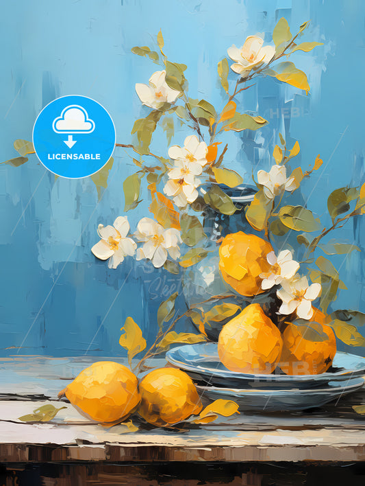 One yellow ripe quince on the blue plate