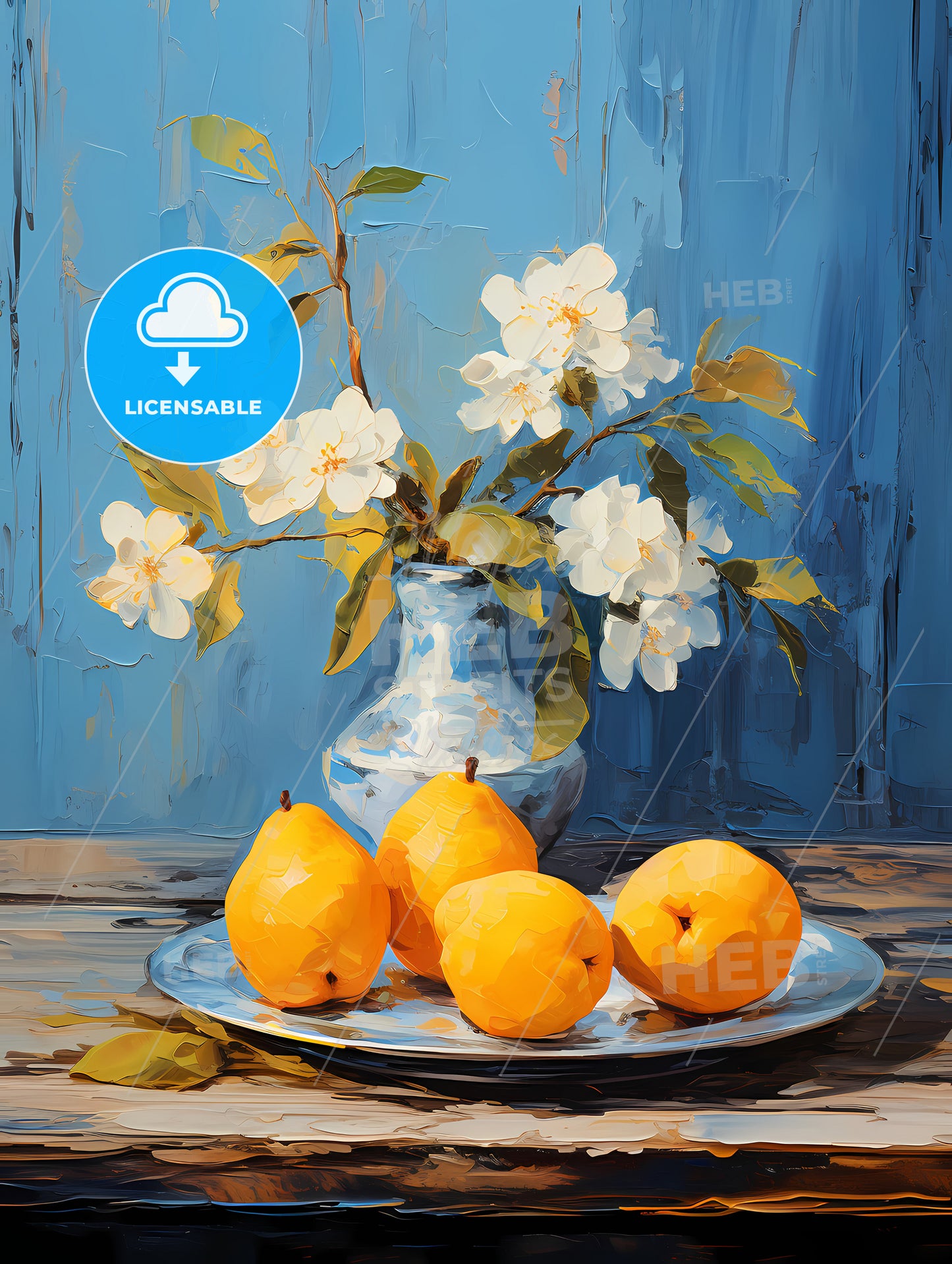 One yellow ripe quince on the blue plate