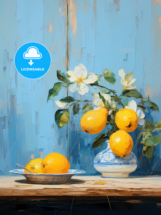 One yellow ripe quince on the blue plate