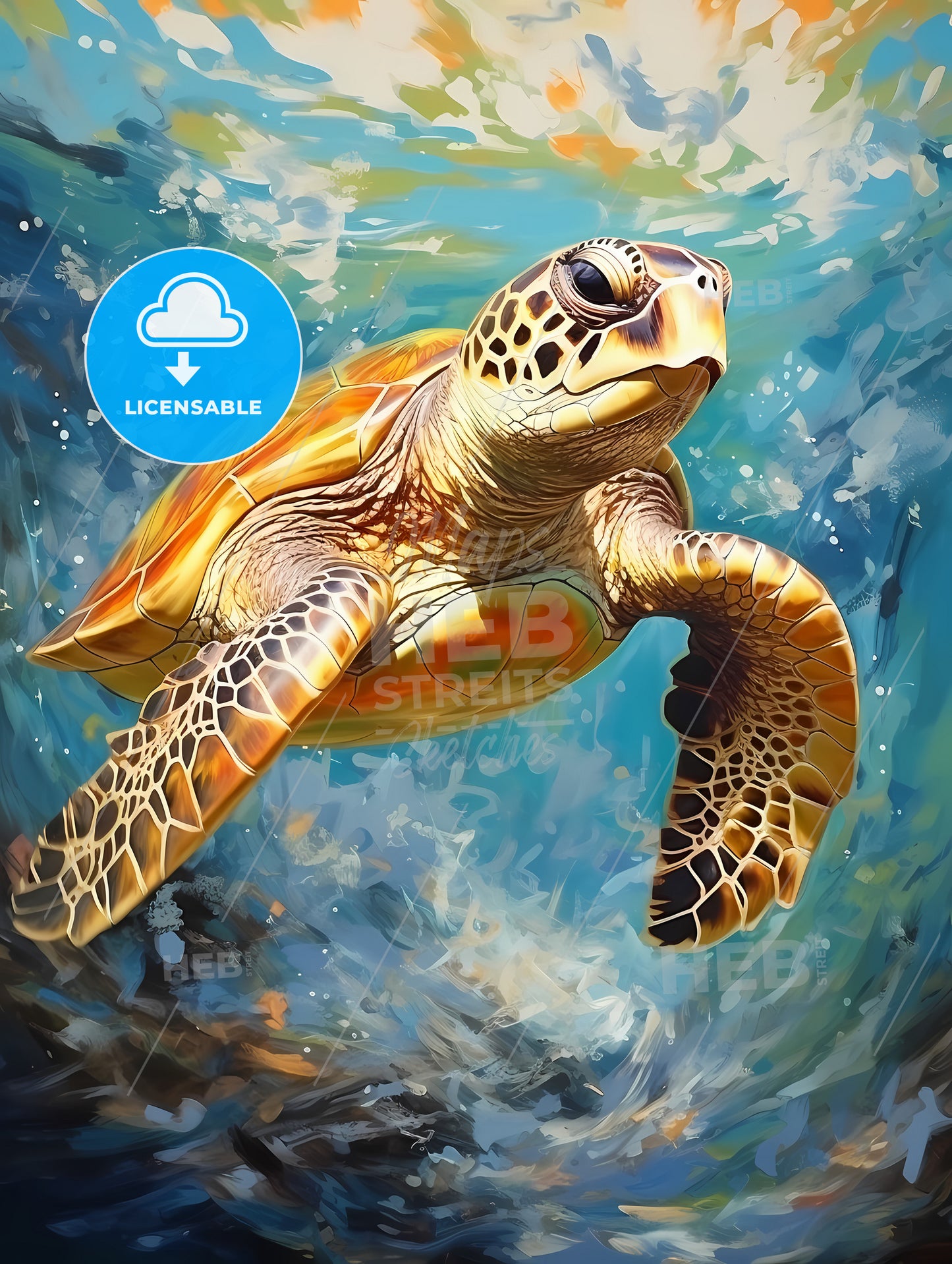 View of nice sea turtle flying down to the ocean