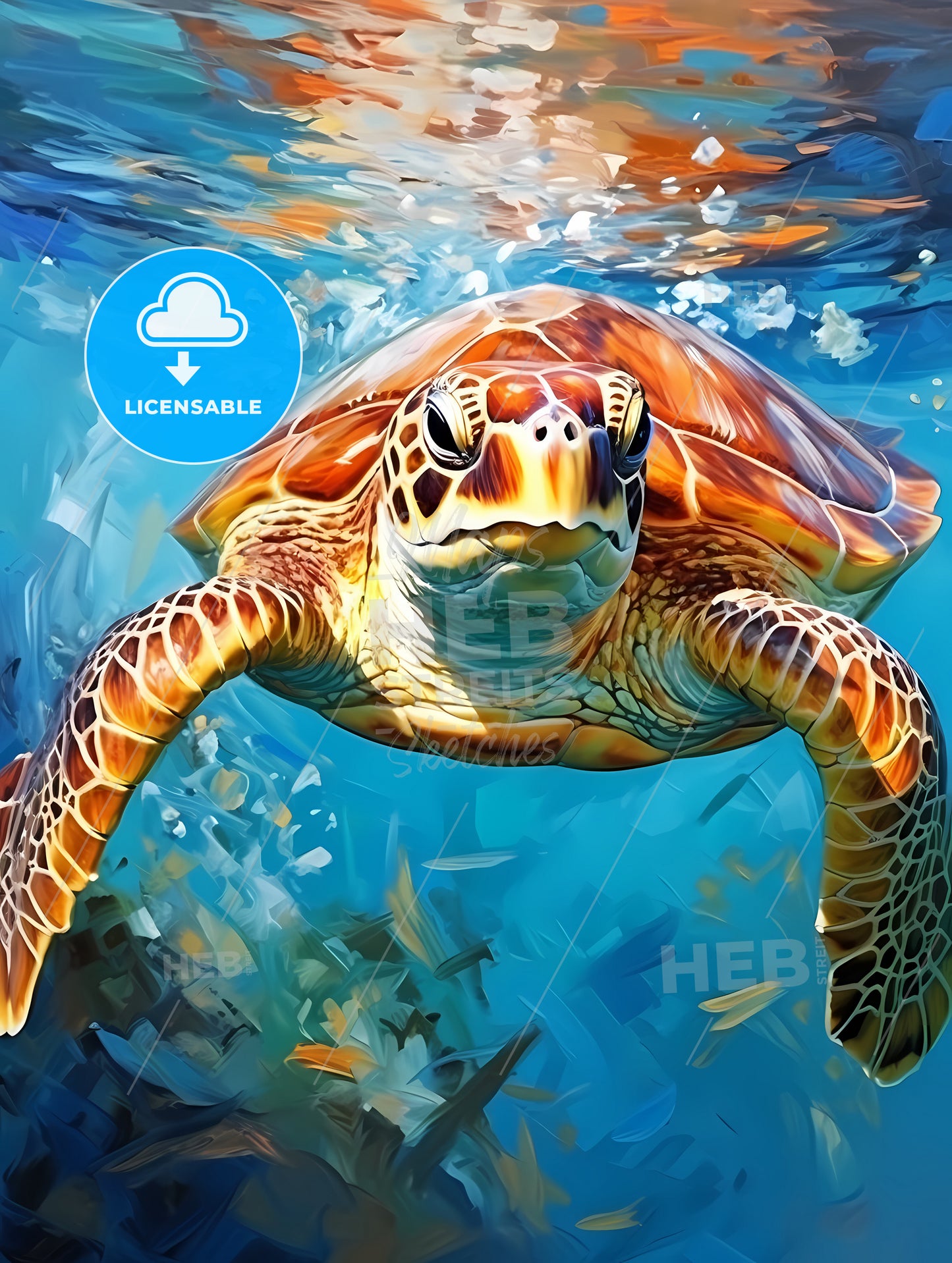 View of nice sea turtle flying down to the ocean